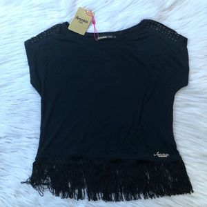 Black top with fringe detail and sleeve gem detail